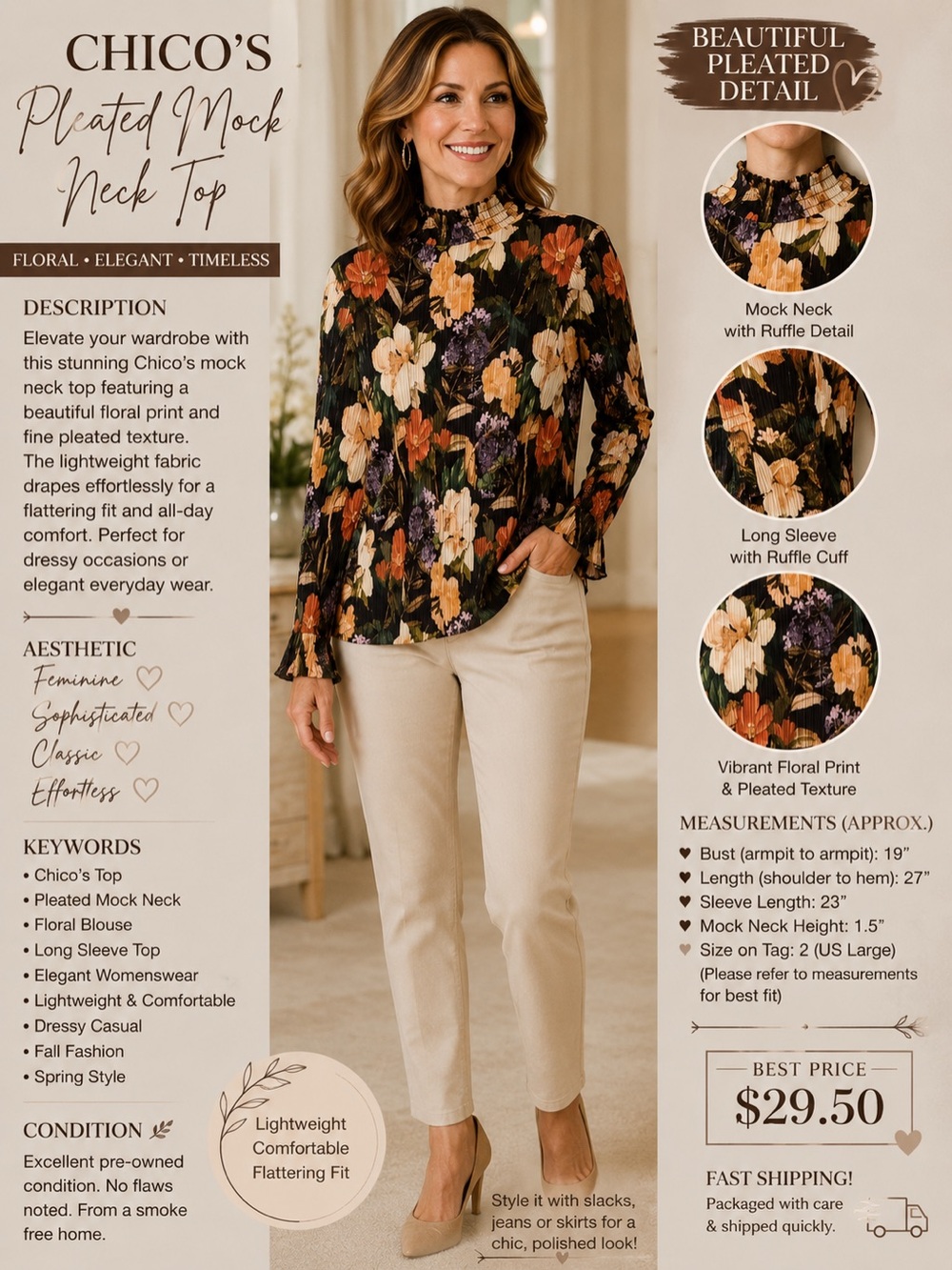 Chico's Black Floral Pleated Mock-Neck Blouse